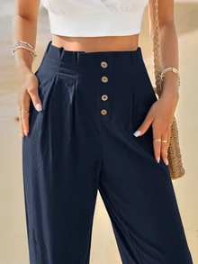 SHEIN Frenchy Women's Solid Color Pleated Casual Versatile Daily Wear Long Pants - Navy Blue - View 2