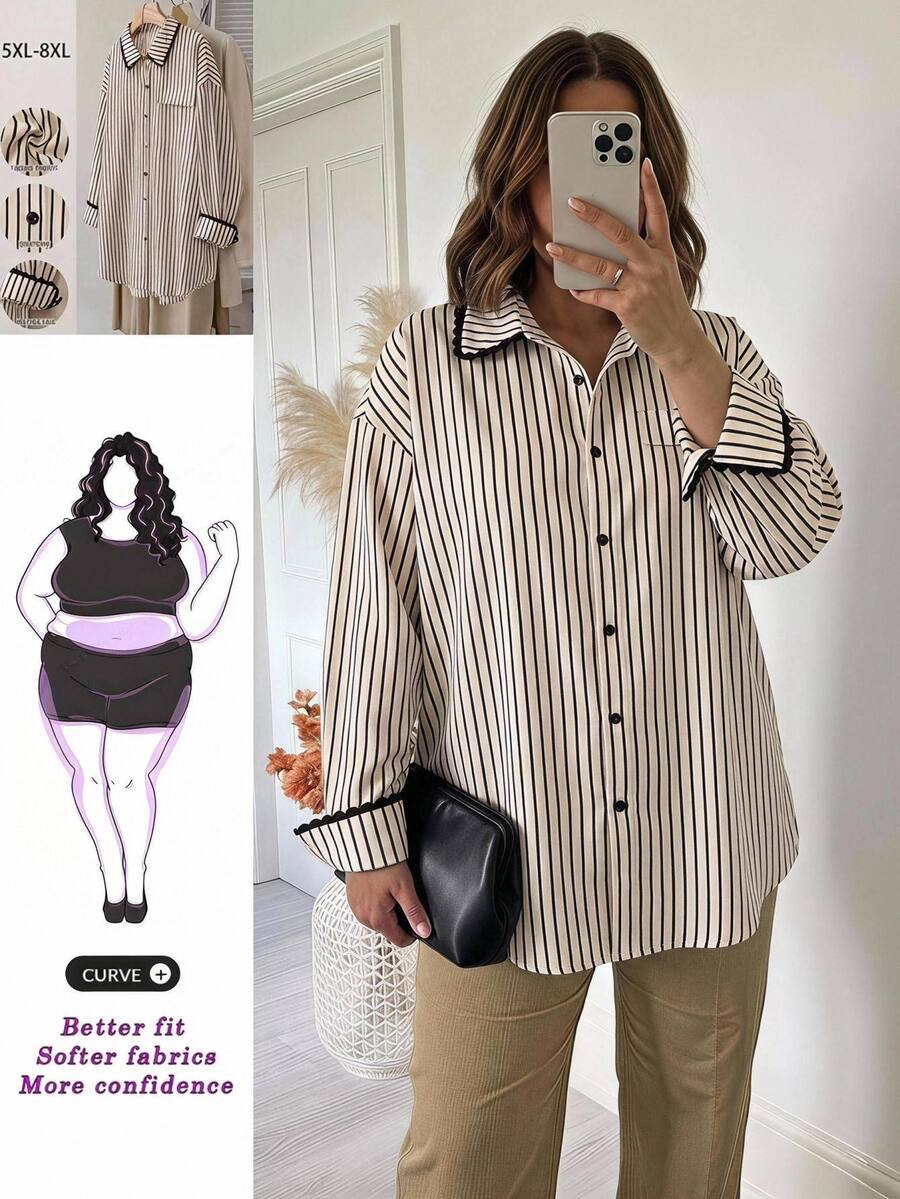 SHEIN CURVE+ 大尺碼女款白色蕾絲拼接圓領落肩T恤 教師節辦公室夏季傳統風 - 黑色 - 查看 1