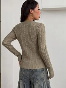 Coolane Women's Cable Knit V-Neck Long Sleeve Fitted Casual Sweater - Mocha Brown - View 2