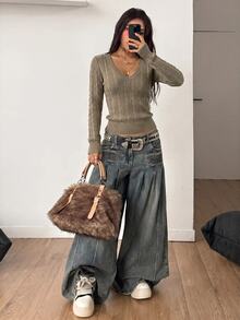 Coolane Women's Cable Knit V-Neck Long Sleeve Fitted Casual Sweater - Mocha Brown - View 6