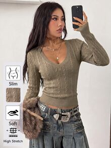 Coolane Women's Cable Knit V-Neck Long Sleeve Fitted Casual Sweater - Mocha Brown - View 3