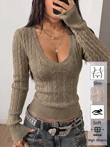 Coolane Women's Cable Knit V-Neck Long Sleeve Fitted Casual Sweater - Mocha Brown - View 1