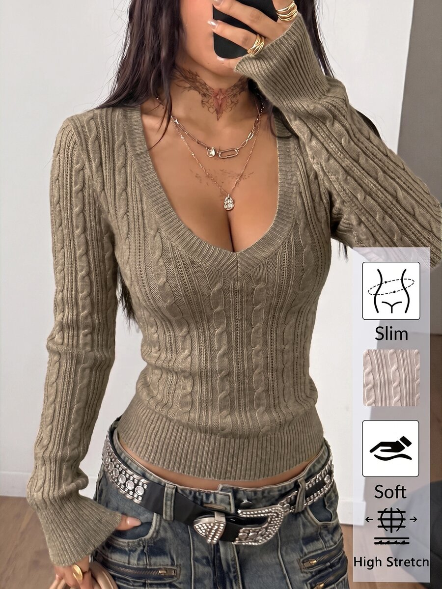 Coolane Women's Cable Knit V-Neck Long Sleeve Fitted Casual Sweater - Mocha Brown - View 1