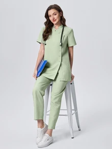 Scrubzie Anti-Wrinkle Mandarin Collar Short Sleeve Multi-Button Women's Scrub Uniform Top And Pants Set - Mint Green - View 4