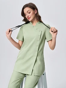 Scrubzie Anti-Wrinkle Mandarin Collar Short Sleeve Multi-Button Women's Scrub Uniform Top And Pants Set - Mint Green - View 3