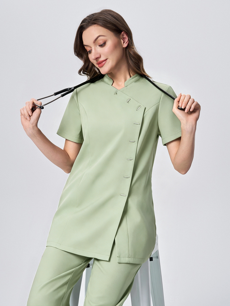 Scrubzie Anti-rynk, mandarinkrage, kortärmad, flerknappad skrubbuniform för kvinnor, set med topp och byxor - Mint Grön - Visa 3