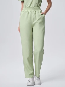Scrubzie Anti-Wrinkle Mandarin Collar Short Sleeve Multi-Button Women's Scrub Uniform Top And Pants Set - Mint Green - View 5