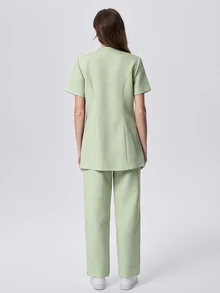 Scrubzie Anti-Wrinkle Mandarin Collar Short Sleeve Multi-Button Women's Scrub Uniform Top And Pants Set - Mint Green - View 2