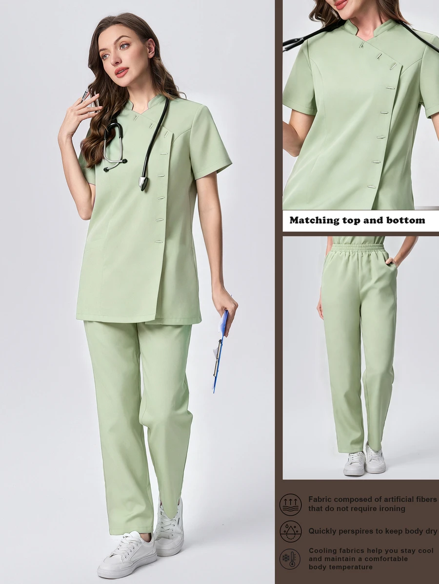 Scrubzie Anti-Wrinkle Mandarin Collar Short Sleeve Multi-Button Women's Scrub Uniform Top And Pants Set - Mint Green - View 1
