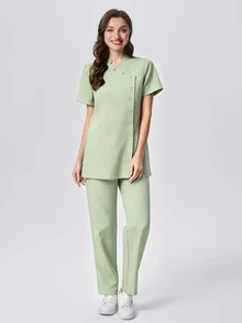 Scrubzie Anti-Wrinkle Mandarin Collar Short Sleeve Multi-Button Women's Scrub Uniform Top And Pants Set - Mint Green - View 6
