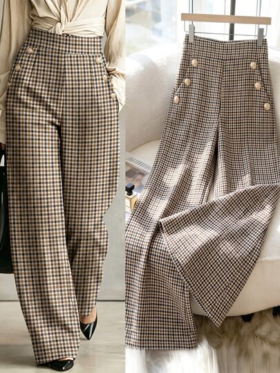 Trelyra Women Vintage Plaid Lightweight Wide Leg Pants, High Waist Gold Button Decor Elegant Business Trousers, Retro Check Bottoms For Halloween Holiday Dail