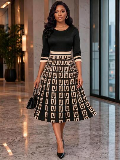 SHEIN Lady Gaun Midi Wanita Motif Geometris Kasual Elegan untuk Musim Panas, Cocok untuk Hari Guru, Kantor, Makan Malam, Gereja, dan Pakaian Kerja Warna Hitam