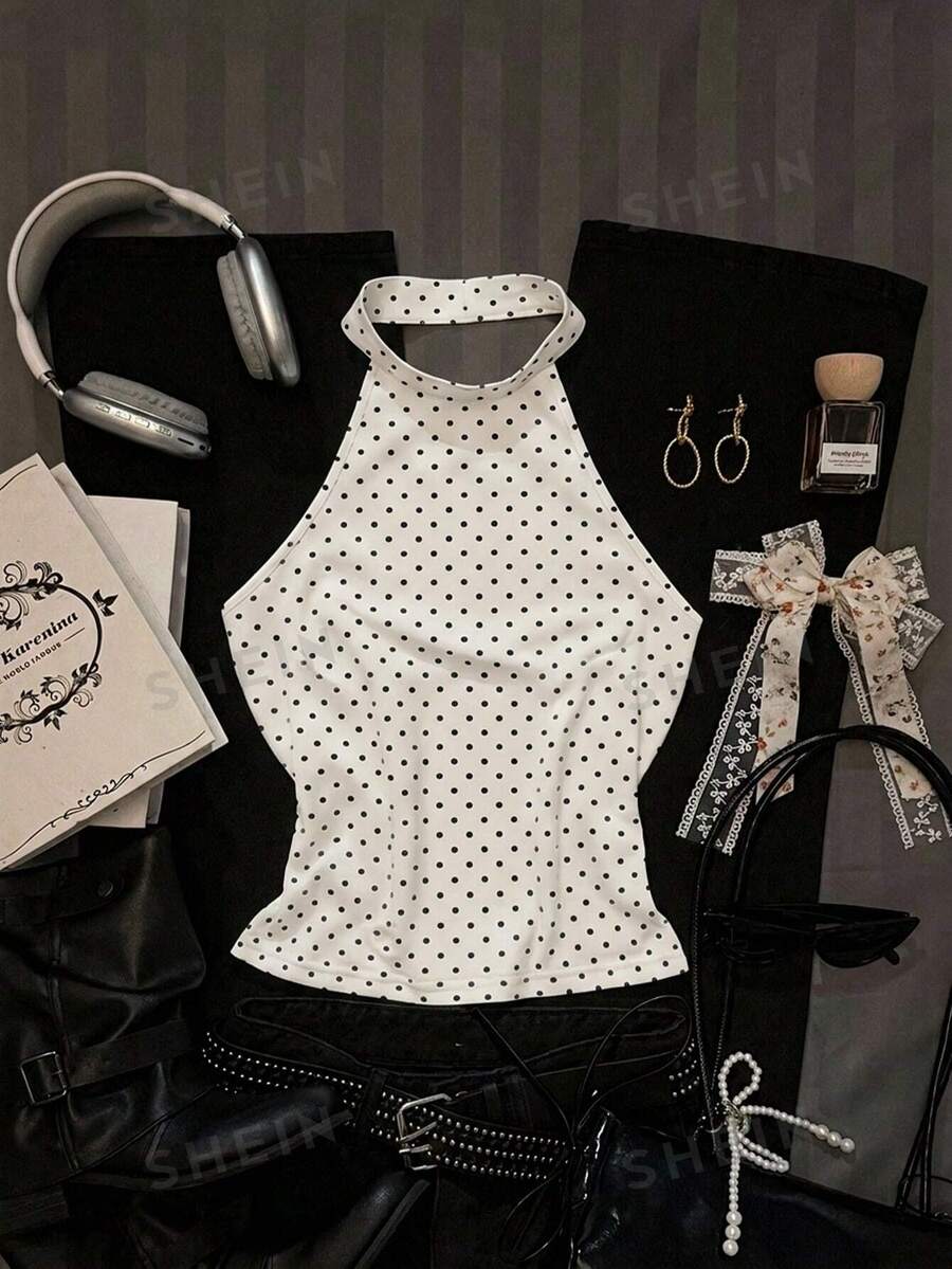 Attitoon Women's Casual 70s Elegant Backless Tight Crop Top, Suitable For Summer,Summer Top Brunch Going Out White And Black Polka Dot - Multicolor - View 1
