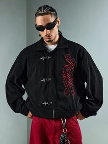 ROMWE MEN Men's Turn-Down Collar Long Sleeve Embroidered Jacket - Black - View 7