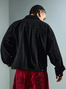 ROMWE MEN Men's Turn-Down Collar Long Sleeve Embroidered Jacket - Black - View 3