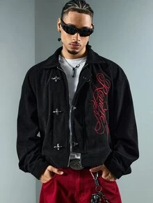 ROMWE MEN Men's Turn-Down Collar Long Sleeve Embroidered Jacket - Black - View 5