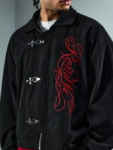 ROMWE MEN Men's Turn-Down Collar Long Sleeve Embroidered Jacket - Black - View 2
