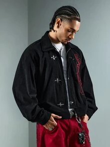 ROMWE MEN Men's Turn-Down Collar Long Sleeve Embroidered Jacket - Black - View 4