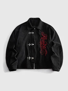 ROMWE MEN Men's Turn-Down Collar Long Sleeve Embroidered Jacket - Black - View 1