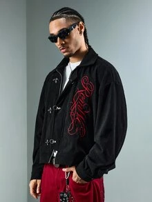 ROMWE MEN Men's Turn-Down Collar Long Sleeve Embroidered Jacket - Black - View 8