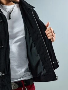 ROMWE MEN Men's Turn-Down Collar Long Sleeve Embroidered Jacket - Black - View 10