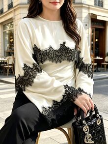 Cévolie Atasan Penutup Lengan Panjang Motif Renda Kontras Ukuran Besar untuk Wanita - Aprikot - View 4