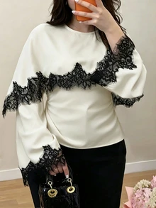 Cévolie Atasan Penutup Lengan Panjang Motif Renda Kontras Ukuran Besar untuk Wanita - Aprikot - View 6
