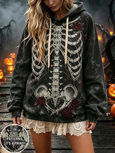 Selamara Women's Plus Size Halloween Themed Vintage Distressed Grey Tie-Dye Skeleton Rose Print Long Sleeve Sweatshirt, Fashion Loose Fit Pullover Sweatshirt, Autumn/Winter Vacation Casual Travel Sweatshirt