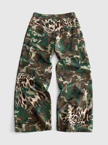 ROMWE MEN Goth New All-Season American Camo & Leopard Print Patchwork Washed Soft Denim Jeans Men's High Street Unisex Retro Loose Wide Leg Printed Long Pants Versatile Casual - Multicolor - View 2