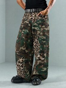 ROMWE MEN Goth New All-Season American Camo & Leopard Print Patchwork Washed Soft Denim Jeans Men's High Street Unisex Retro Loose Wide Leg Printed Long Pants Versatile Casual - Multicolor - View 6