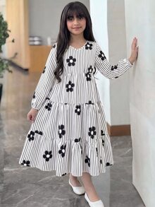SHEIN 兒童青少年女孩秋冬休閒學院風通勤V領長袖拼接荷葉邊下擺長洋裝 黑白條紋花卉印花 - 黑與白 - 查看 7