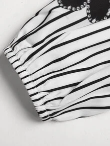 SHEIN 兒童青少年女孩秋冬休閒學院風通勤V領長袖拼接荷葉邊下擺長洋裝 黑白條紋花卉印花 - 黑與白 - 查看 5