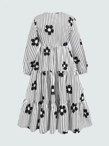 SHEIN 兒童青少年女孩秋冬休閒學院風通勤V領長袖拼接荷葉邊下擺長洋裝 黑白條紋花卉印花 - 黑與白 - 查看 2