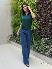 Yohana Edit 女款綠色針織上衣，不對稱菱格紋鉤針針織波羅領套頭短袖，優雅簡約休閒通勤約會日常度假日畢業季音樂節顯瘦優雅百搭高級夏季社交假日派對出遊海灘辦公室法式復古清新 - 墨綠色 - 查看 3