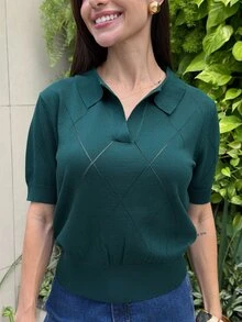 Yohana Edit 女款綠色針織上衣，不對稱菱格紋鉤針針織波羅領套頭短袖，優雅簡約休閒通勤約會日常度假日畢業季音樂節顯瘦優雅百搭高級夏季社交假日派對出遊海灘辦公室法式復古清新 - 墨綠色 - 查看 6
