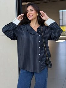 Yohana Edit Blus Wanita Kasual Longgar dengan Motif Garis-Garis Kontras dan Kancing Asimetris, Elegan, Cocok untuk Musim Semi dan Gugur - Navy Blue - View 4