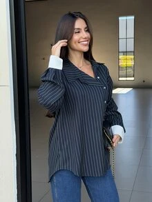 Yohana Edit Blus Wanita Kasual Longgar dengan Motif Garis-Garis Kontras dan Kancing Asimetris, Elegan, Cocok untuk Musim Semi dan Gugur - Navy Blue - View 5