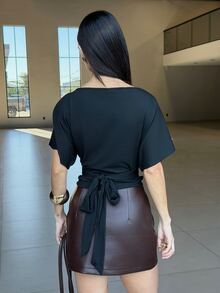 Yohana Edit Women's Fashionable Sexy Solid Color Mini Skirt, Suitable For Commuting - Coffee Brown - View 2