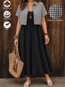 EMERY ROSE Plus Size Cotton Black And White Plaid Camisole Maxi Dress 2 Pieces Set Beach Autumn Outfit For Women 2000s Style 2000 - Black - View 3