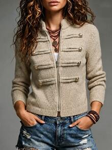 SHEIN Cardigan Rajut Wanita Model Vintage Musim Gugur Terbaru dengan Detail Napoleonik, Kerah Berhias, Aksen Kancing, dan Resleting Depan - Unta - View 2