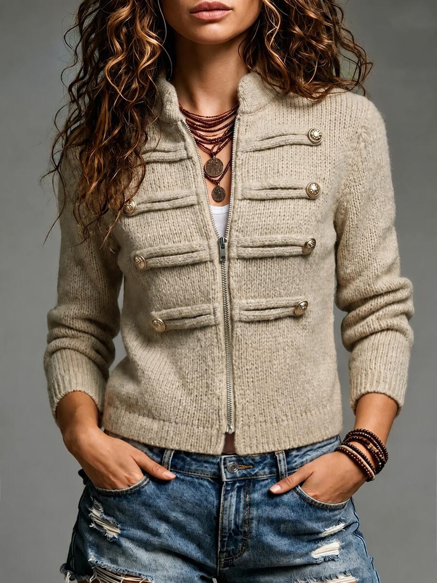 SHEIN Cardigan Rajut Wanita Model Vintage Musim Gugur Terbaru dengan Detail Napoleonik, Kerah Berhias, Aksen Kancing, dan Resleting Depan