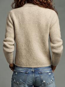 SHEIN Cardigan Rajut Wanita Model Vintage Musim Gugur Terbaru dengan Detail Napoleonik, Kerah Berhias, Aksen Kancing, dan Resleting Depan - Unta - View 4