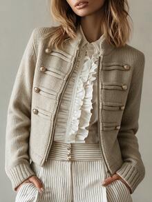 SHEIN Cardigan Rajut Wanita Model Vintage Musim Gugur Terbaru dengan Detail Napoleonik, Kerah Berhias, Aksen Kancing, dan Resleting Depan - Unta - View 3
