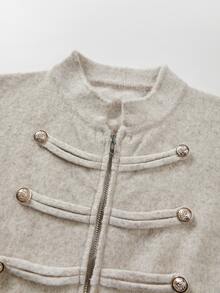 SHEIN Cardigan Rajut Wanita Model Vintage Musim Gugur Terbaru dengan Detail Napoleonik, Kerah Berhias, Aksen Kancing, dan Resleting Depan - Unta - View 8