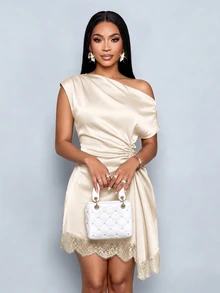SOLERSUN Stylish And Elegant Satin Slanted Neckline Drawstring Lace Patchwork Irregular Hem Party Mini Dress - Apricot - View 6