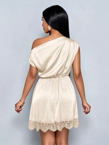SOLERSUN Stylish And Elegant Satin Slanted Neckline Drawstring Lace Patchwork Irregular Hem Party Mini Dress - Apricot - View 3