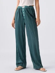 Loungeista Women's Striped Loose Straight Leg Pants - Casual Daily Wear For Spring, Summer, Autumn - Multicolor - View 1