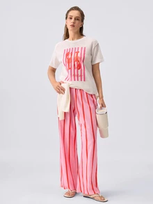 Loungeista 2pcs Women's Round Neck Short Sleeve Top + Long Pants Pajama Set - White - View 7