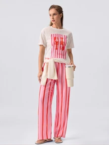 Loungeista 2pcs Women's Round Neck Short Sleeve Top + Long Pants Pajama Set - White - View 1
