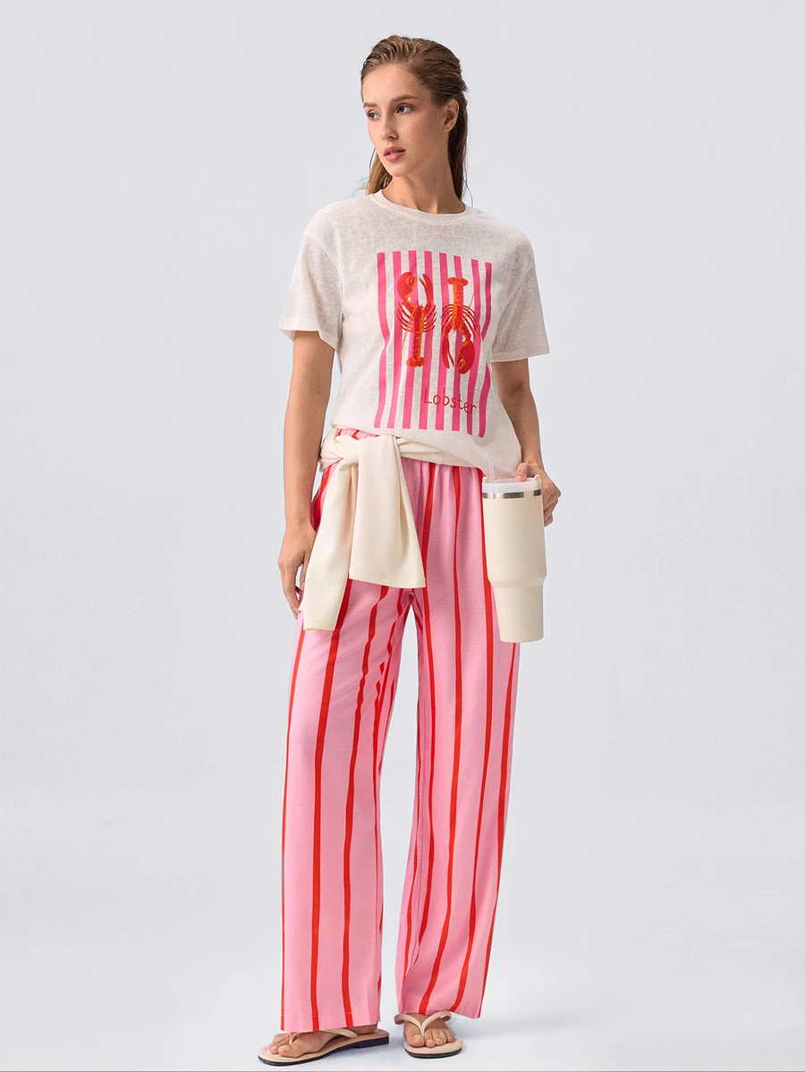 Loungeista 2pcs Women's Round Neck Short Sleeve Top + Long Pants Pajama Set - White - View 1